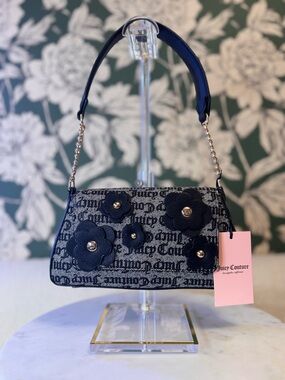 Juicy Couture Navy Logo Floral Shoulder Bag with Gold Accents NWT
